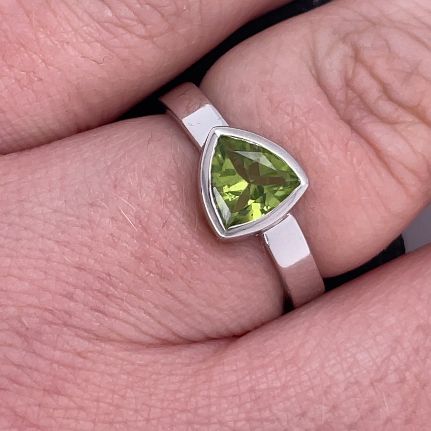 Trillion Cut Peridot Silver Ring
