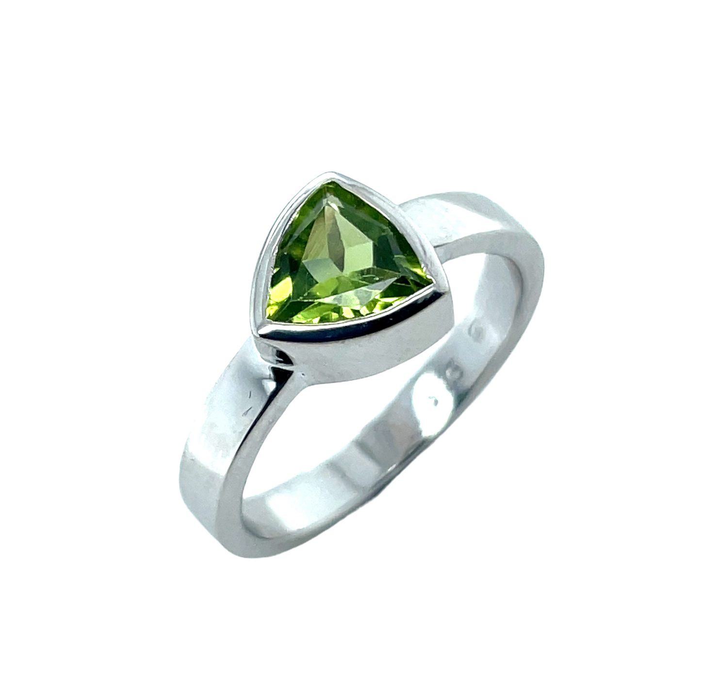 Trillion Cut Peridot Silver Ring