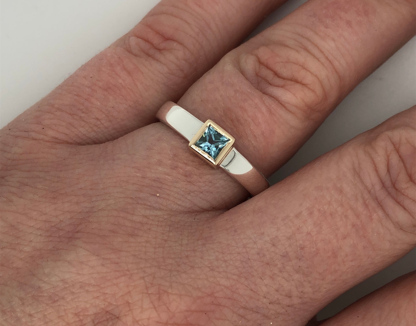 Princess Cut Aquamarine Gold & Silver Ring
