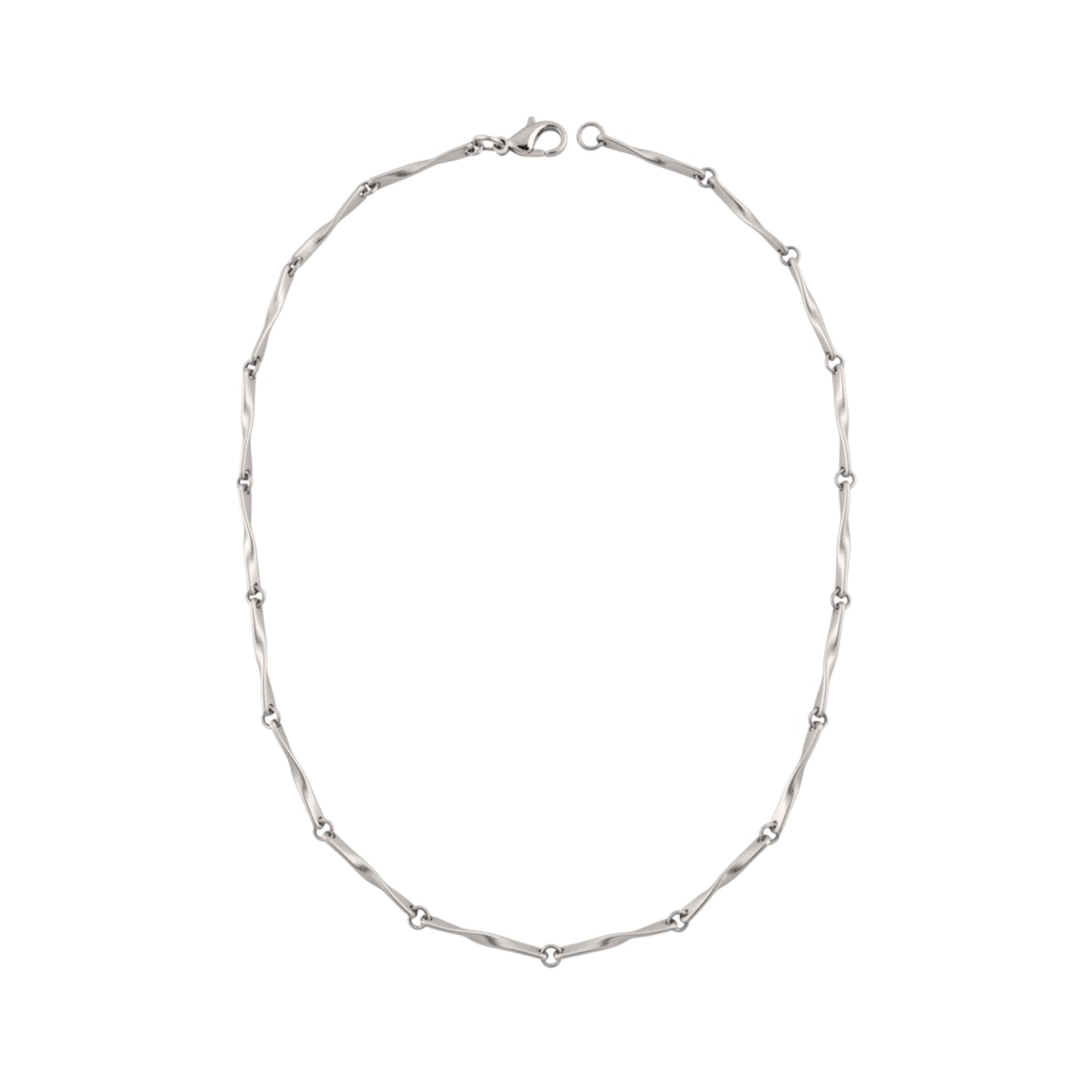 A silver beaded chain necklace with a twisted link design and a lobster clasp, displayed on a clean white background.