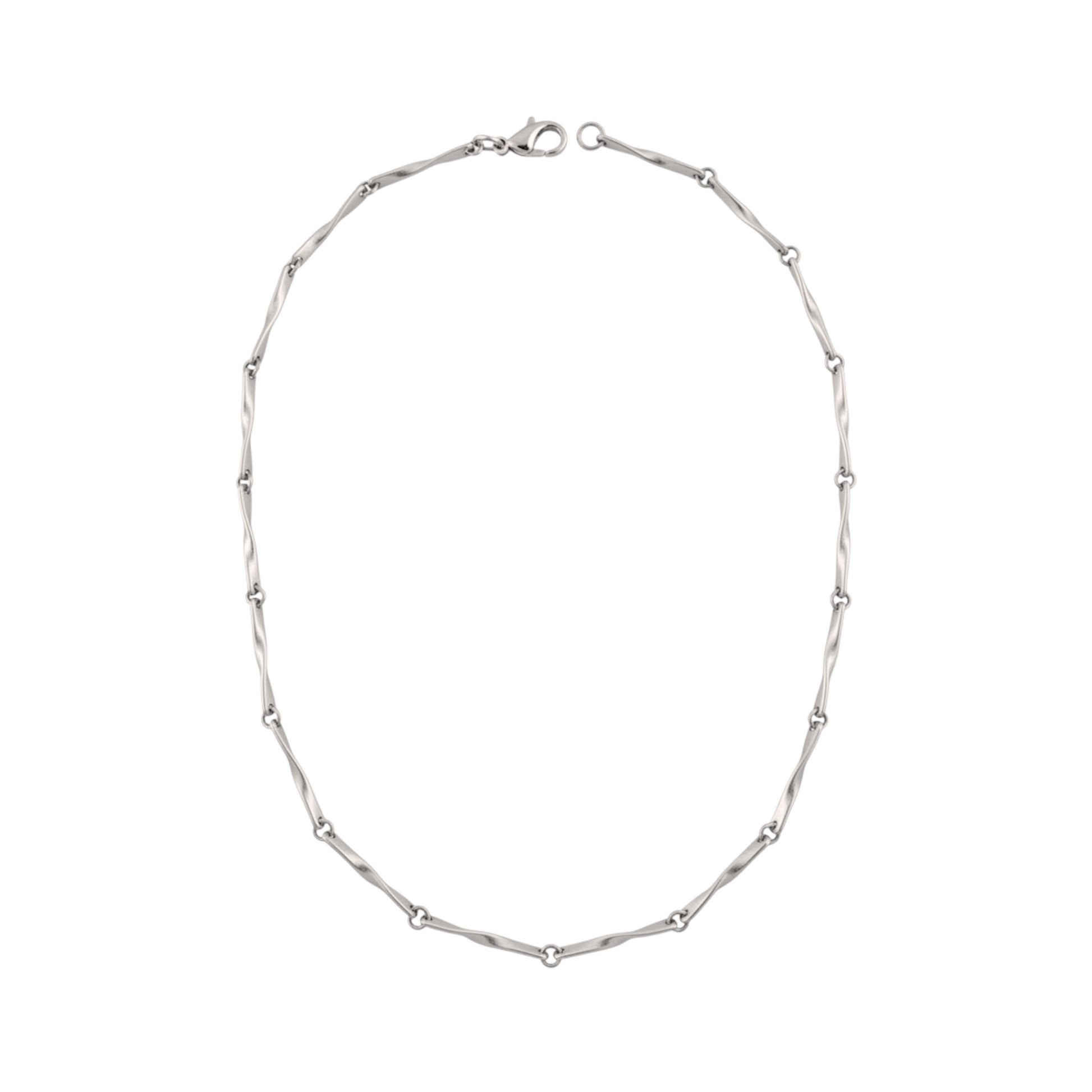 A silver beaded chain necklace with a twisted link design and a lobster clasp, displayed on a clean white background.