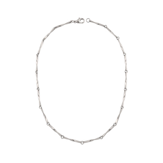 A silver beaded chain necklace with a twisted link design and a lobster clasp, displayed on a clean white background.